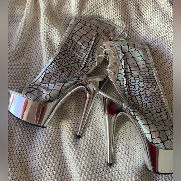 Rainbow Shiny Snake Print Dancer Stripper Open Toe Lace Up Heels - Picture 2 of 6